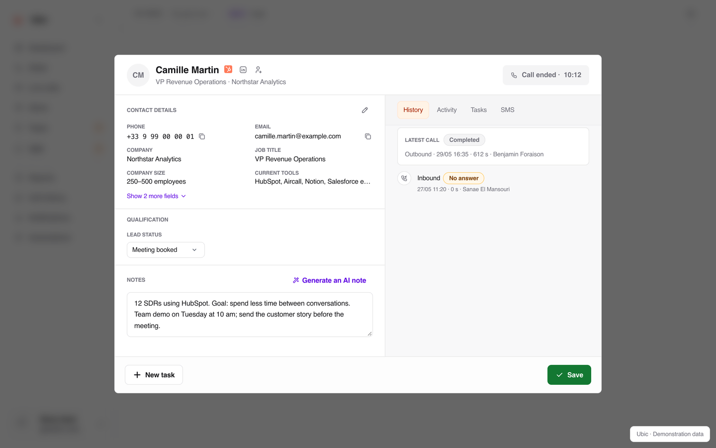 Ubic prospect record: New task button, prospect status, note and history