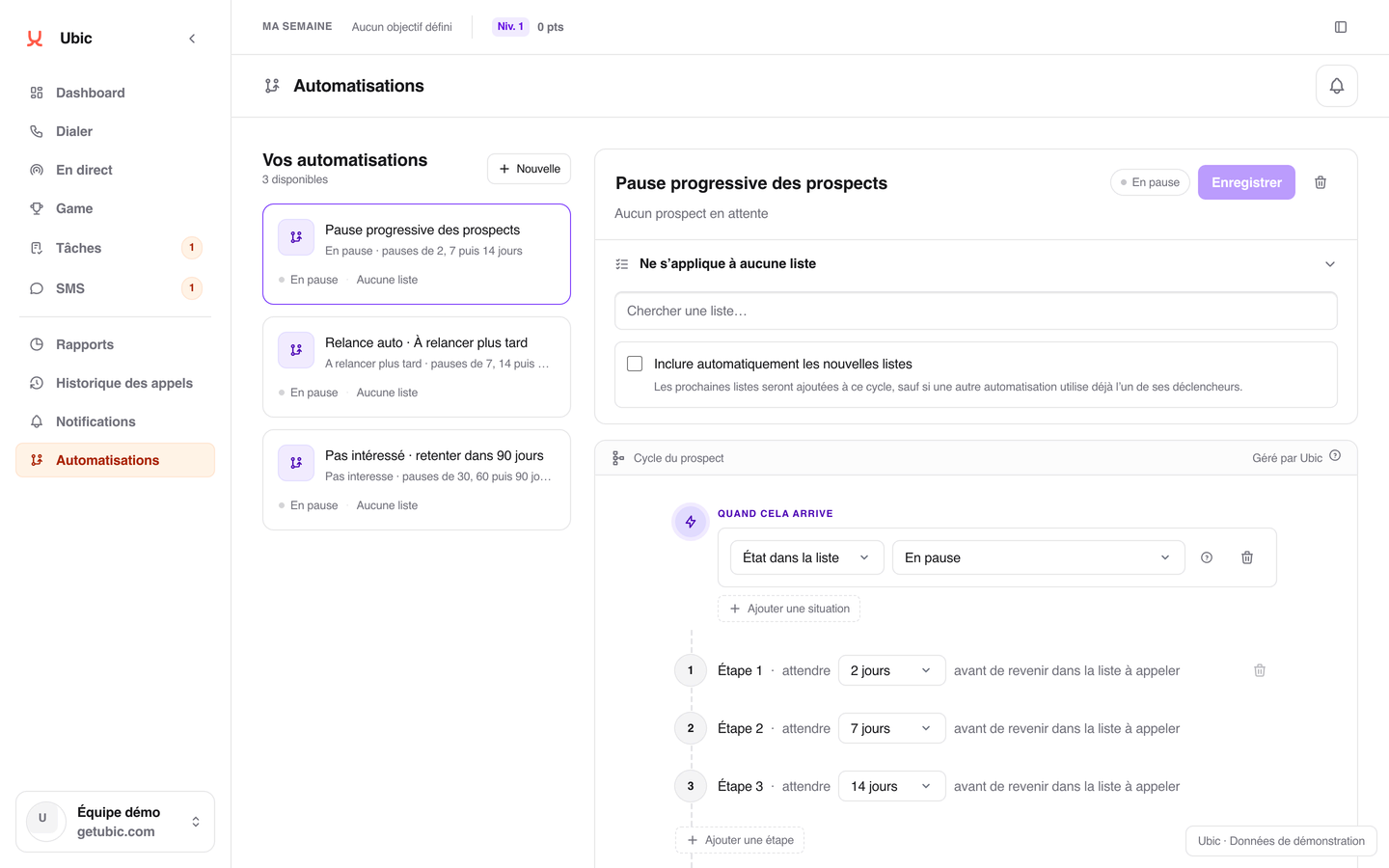 Automatisation Ubic « Pause progressive des prospects » : retour dans la liste après 2 jours, puis 7, puis 14
