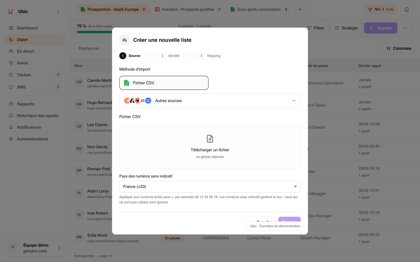 Créer une nouvelle liste dans Ubic : source CSV ou autres sources CRM, identité, puis mapping des colonnes