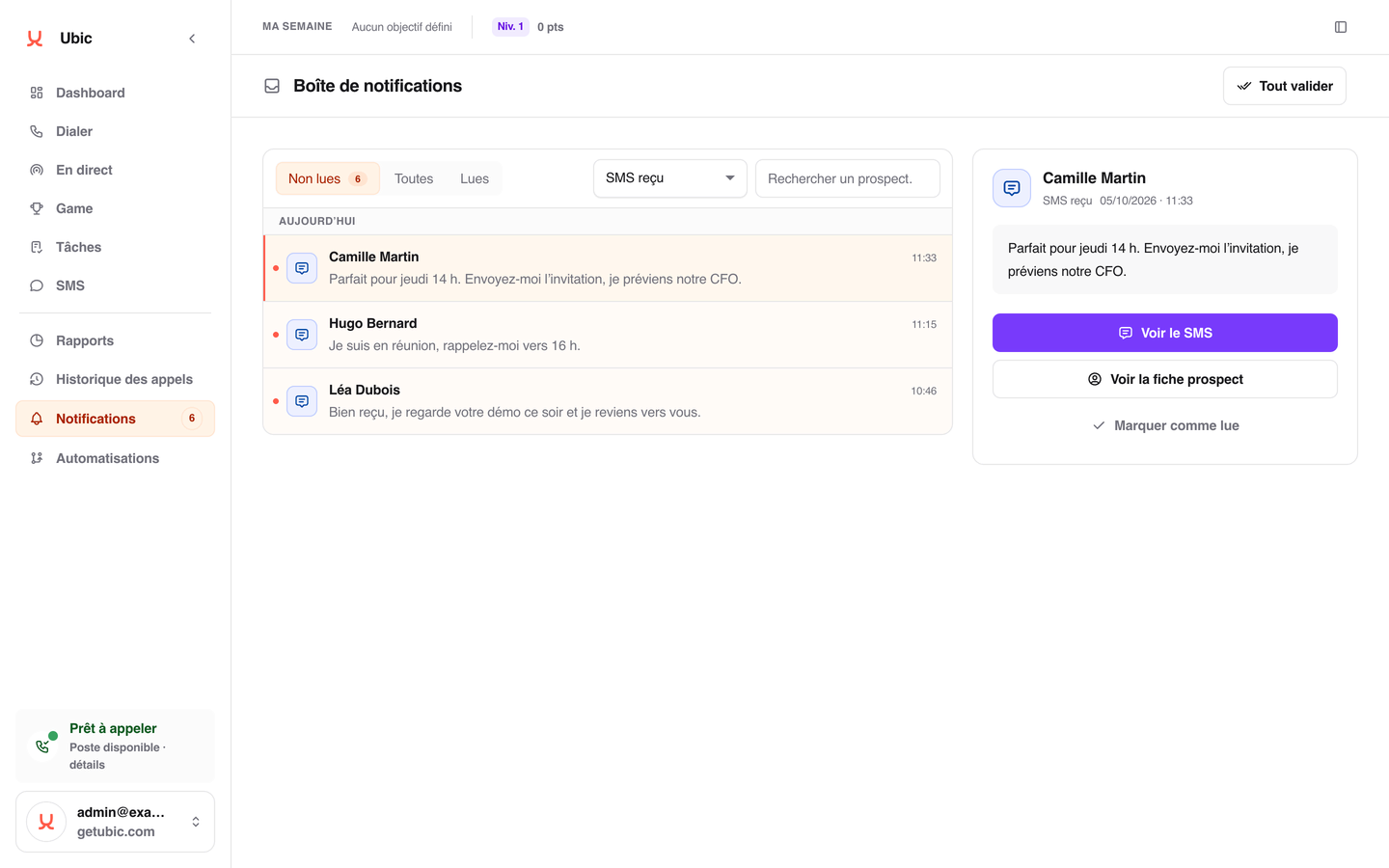 Boîte de notifications Ubic : trois nouveaux SMS reçus, avec aperçu et bouton Voir le SMS