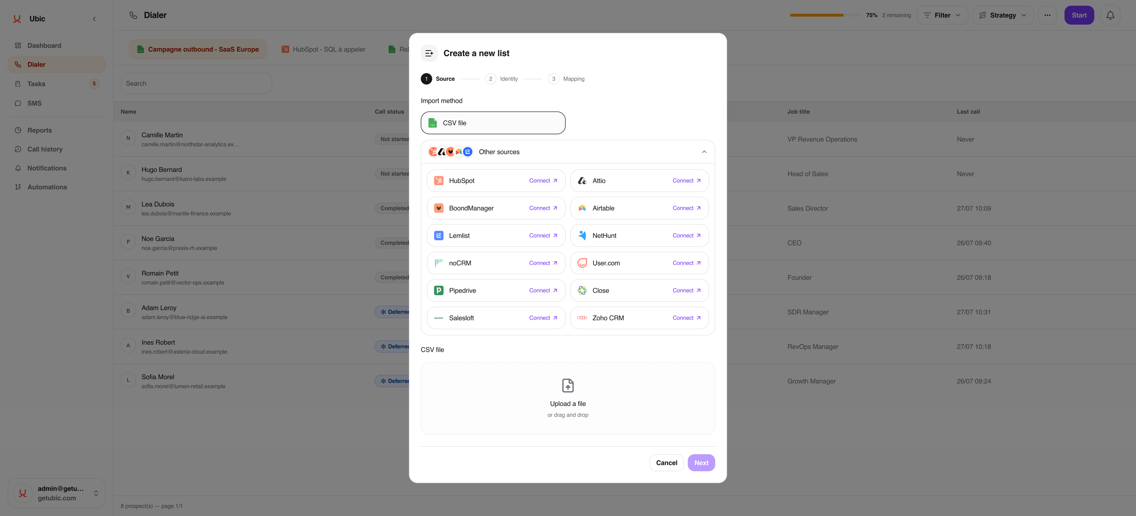 Import de liste dans Ubic : fichier CSV ou connexion directe à HubSpot, Pipedrive, noCRM et les autres CRM